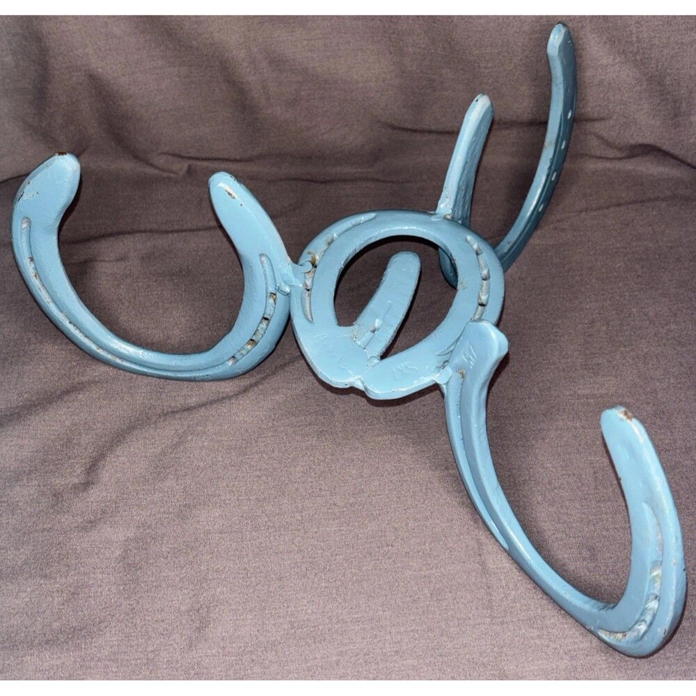 Cast Iron Horseshoe Stand Blue Candle Plant 3 Shoe Western Country Decor Rare